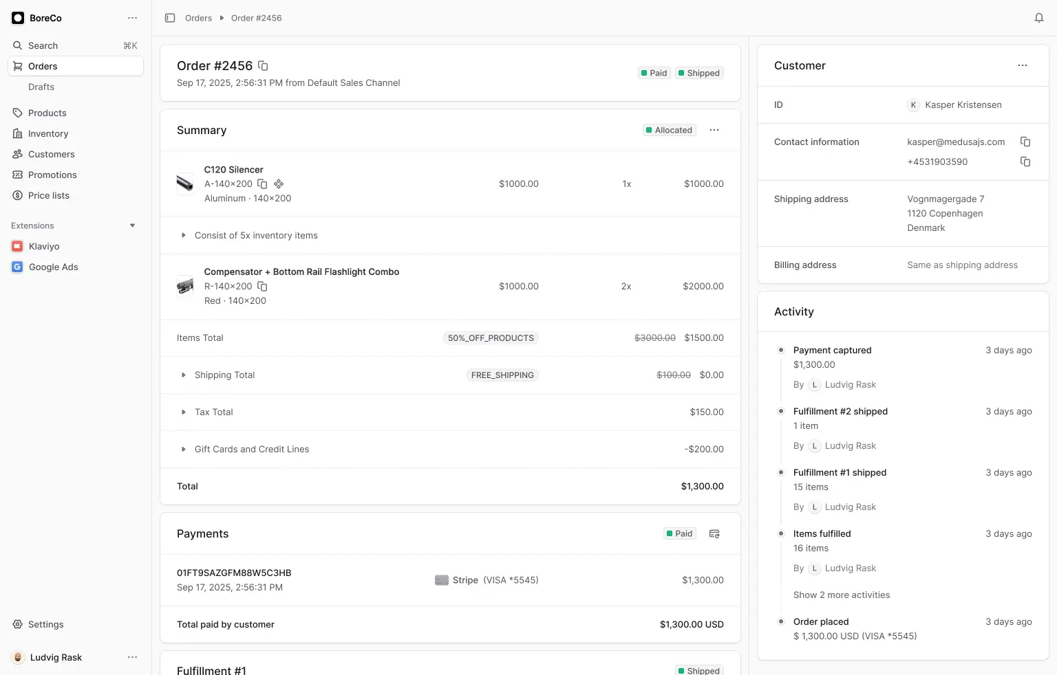 RangePress admin dashboard showing an order for a silencer and flashlight combo.
